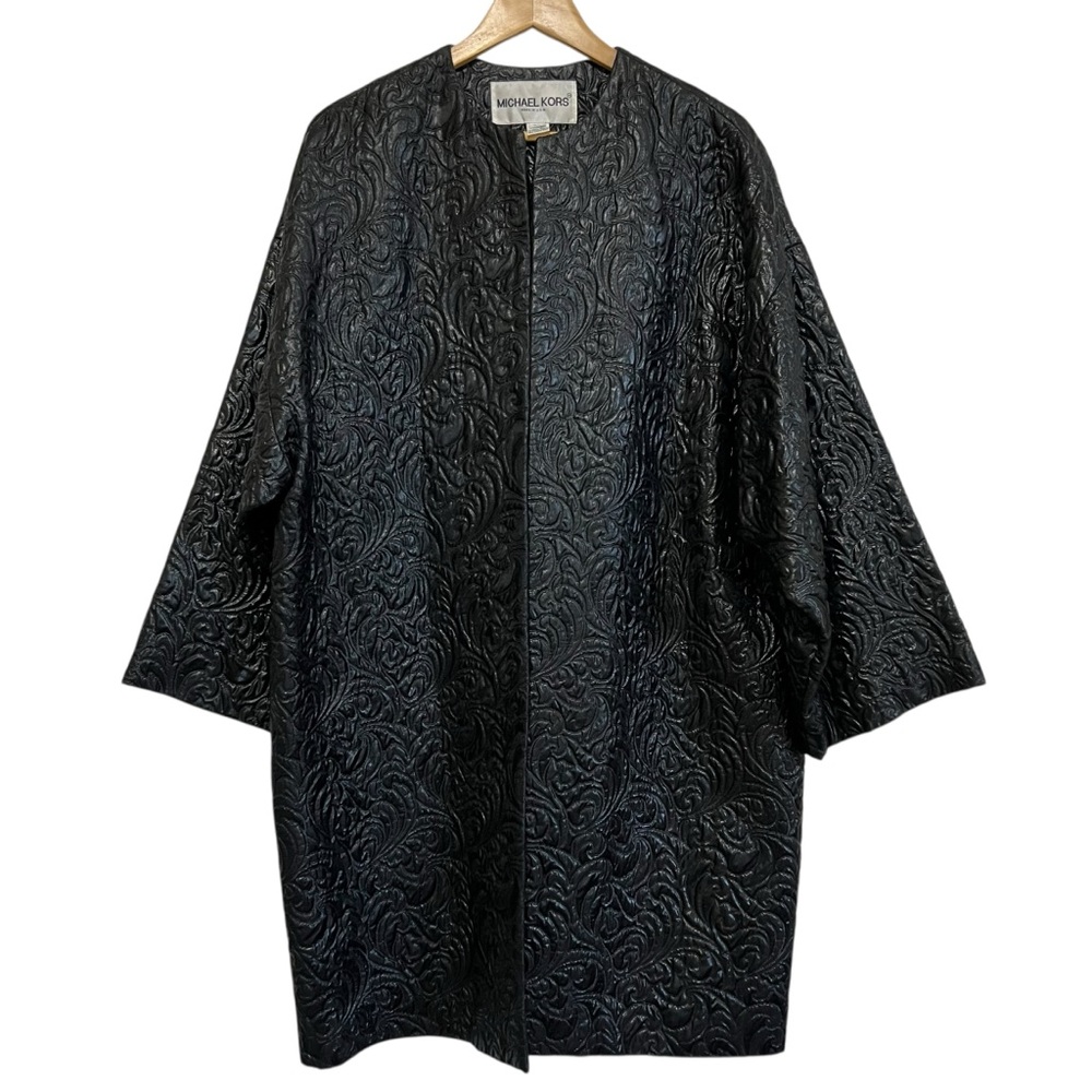 Vtg Made in USA Michael Kors Black Silk Embossed Brocade Coat Open Front Sz M/L